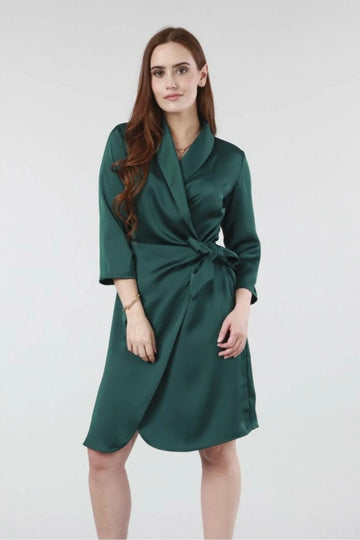 Green Wrap Belted Satin Dress Double Second